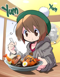 Rule 34 | 1girl, brown eyes, brown hair, cardigan, closed mouth, collarbone, creatures (company), eating, food, fork, game freak, gloria (pokemon), green hat, grey cardigan, hair between eyes, hat, highres, holding, holding fork, indoors, nintendo, plate, pokemon, pokemon swsh, rascal (feuille), short hair, smile, solo, split mouth, tam o&#039; shanter