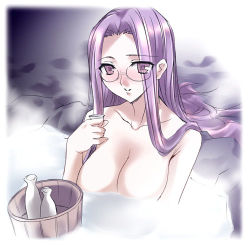Rule 34 | 1girl, alcohol, blush, bottle, breasts, fate/stay night, fate (series), glasses, large breasts, long hair, lowres, medusa (fate), medusa (rider) (fate), onsen, purple eyes, purple hair, sake, sake bottle, smile, solo, square pupils, very long hair