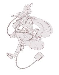 Rule 34 | 1girl, bad id, bad tumblr id, ball and chain restraint, bow, chain, fang, gourd, hair bow, horn ornament, horn ribbon, horns, ibuki suika, long hair, long skirt, low-tied long hair, monochrome, pleated skirt, ribbon, shoe dangle, sketch, skirt, sleeveless, socks, softmode, solo, touhou, unfinished, very long hair, wrist cuffs