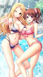 Rule 34 | 2girls, :d, ;), asymmetrical docking, bikini, blonde hair, breast press, breasts, brown eyes, brown hair, character request, cleavage, collarbone, doukyuusei 2, doukyuusei another world, floating hair, flower, game cg, groin, hair flower, hair ornament, hand on another&#039;s hip, indoors, large breasts, long hair, looking at viewer, maijima karen, medium breasts, multi-strapped bikini, multiple girls, navel, official art, one eye closed, open mouth, pink bikini, pink flower, pool, print bikini, purple eyes, rei no pool, side ponytail, smile, standing, swimsuit, very long hair