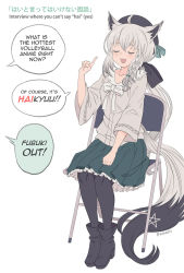 Rule 34 | 1girl, :3, ^ ^, ahoge, animal ears, beret, black footwear, black hat, black pantyhose, blush, boots, bow, braid, breasts, chair, closed eyes, commentary, english text, eyelashes, folding chair, fox ears, fox tail, full body, green skirt, grey shirt, hair between eyes, hair bow, hat, hololive, index finger raised, long hair, medium breasts, miniskirt, open mouth, pantyhose, pentagram, pleated skirt, shirakami fubuki, shirakami fubuki (street), shirt, side braid, silver hair, simple background, sitting, skirt, smile, solo, tail, talking, twitter username, vinhnyu, virtual youtuber, white background, white bow