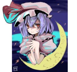Rule 34 | 1girl, collar, crescent, expressionless, female focus, frills, hat, hat ribbon, light purple hair, looking at viewer, mob cap, own hands together, pillarboxed, puffy short sleeves, puffy sleeves, red eyes, remilia scarlet, ribbon, shaded face, short sleeves, solo, take tonbo, touhou, upper body