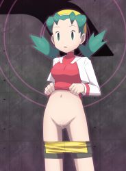 Rule 34 | 1girl, absurdres, bar censor, bike shorts, bike shorts pull, breasts, censored, clothes lift, commentary request, creatures (company), cropped jacket, darekku, eyelashes, game freak, green eyes, green hair, hair tie, highres, hypnosis, jacket, kris (pokemon), long sleeves, mind control, navel, nintendo, open clothes, open jacket, pokemon, pokemon gsc, pussy, shirt, shirt lift, solo, twintails, white jacket, yellow headwear