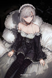 Rule 34 | 1girl, argyle clothes, argyle pantyhose, bare shoulders, bed, black collar, black dress, black pantyhose, closed mouth, collar, commentary request, dress, expressionless, feet out of frame, gothic lolita, grey eyes, grey hair, highres, inaeda kei, lolita fashion, long sleeves, looking at viewer, maid, maid headdress, off-shoulder dress, off shoulder, on bed, original, pantyhose, pillow, short hair, sitting, solo, spaghetti strap, twitter username