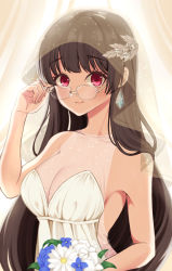 Rule 34 | 1girl, adjusting eyewear, alternate costume, black hair, bouquet, breasts, choukai (kancolle), cleavage, commentary request, dress, flower, glasses, hair ornament, kantai collection, large breasts, long hair, looking at viewer, red eyes, rimless eyewear, solo, upper body, wedding dress, yomogi dango