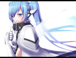 Rule 34 | 00s, 1girl, blue eyes, blue hair, blush, chain, collar, elbow gloves, gloves, hands on own chest, letterboxed, long hair, matching hair/eyes, nymph (sora no otoshimono), shou, solo, sora no otoshimono, tears, twintails, white gloves, wings, yosugara shou