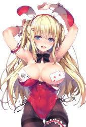 Rule 34 | 1girl, animal ears, arm garter, arms up, bare shoulders, blonde hair, blue eyes, blush, bow, bowtie, breasts, bridal garter, bunny day, card, cleavage, convenient censoring, detached collar, fake animal ears, hair ornament, hairclip, large breasts, leotard, long hair, looking at viewer, open mouth, original, pantyhose, playboy bunny, playing card, rabbit ears, red leotard, smile, solo, strapless, strapless leotard, thighband pantyhose, tomose shunsaku, two side up, wrist cuffs