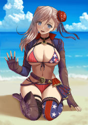 Rule 34 | 1girl, american flag bikini, american flag print, arisku, asymmetrical hair, beach, bikini, black gloves, blue eyes, blurry, blurry background, blush, breasts, bun cover, cleavage, collarbone, commentary request, day, fate/grand order, fate (series), fingerless gloves, flag print, gloves, hair bun, highres, jacket, kneeling, large breasts, long hair, looking at viewer, miyamoto musashi (fate), miyamoto musashi (fate/grand order), miyamoto musashi (swimsuit berserker) (fate), miyamoto musashi (swimsuit berserker) (second ascension) (fate), navel, ocean, one-piece swimsuit, open clothes, open jacket, outdoors, pink hair, print bikini, single hair bun, sky, smile, solo, swept bangs, swimsuit