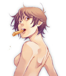 Rule 34 | 1girl, back, bad id, bad pixiv id, breasts, brown eyes, brown hair, caloriemate, food, looking back, medium breasts, messy hair, mouth hold, original, short hair, solo, topless, wbmen