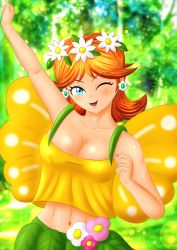 Rule 34 | 1girl, absurdres, breasts, brown hair, cleavage, clenched hands, earrings, fairy, flower earrings, forest, grin, hand up, highres, jewelry, large breasts, leaves, mario (series), mario kart, mario kart tour, nature, navel, nintendo, no bra, one eye closed, open mouth, princess daisy, shiny skin, smile, solo, tomboy, upper body, wings, wink