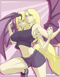 Rule 34 | 2girls, abs, armpits, basket, bat wings, blonde hair, blue eyes, breasts, claws, clothes, conjoined, covered erect nipples, extra arms, female focus, helena and kassandra, katkooki, large breasts, long hair, looking at viewer, materclaws, multi arm, multi head, multi limb, multiple girls, parted lips, shirt, smile, tail, wings