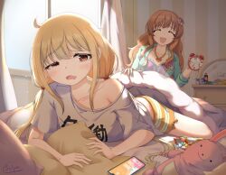 Rule 34 | 2girls, absurdres, alarm clock, bed, bed sheet, bedroom, blanket, blonde hair, blue jacket, brown eyes, candy, cellphone, clock, closed eyes, collarbone, curtains, food, futaba anzu, highres, holding alarm clock, idolmaster, idolmaster cinderella girls, indoors, jacket, low twintails, lying, mirror, moroboshi kirari, multiple girls, on bed, on stomach, open mouth, phone, pillow, shirt, shorts, signature, single bare shoulder, smartphone, ssalyun, striped clothes, striped shorts, stuffed animal, stuffed rabbit, stuffed toy, t-shirt, twintails, white shirt, window