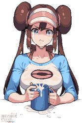 1girl artist_name blue_eyes blue_shirt breasts closed_mouth creatures_(company) crying crying_with_eyes_open cum cum_in_container cum_in_cup cup game_freak gokkun hair_bun hat long_hair looking_at_viewer medium_breasts neznekpixel nintendo pixel_art poke_ball_print pokemon pokemon_bw2 rosa_(pokemon) shirt sitting solo tears twintails white_background white_hat white_shirt