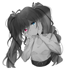 Rule 34 | 1girl, absurdres, ahoge, blue eyes, closed mouth, clothing cutout, cropped torso, crying, crying with eyes open, feather hair ornament, feathers, greyscale, hair between eyes, hair ornament, hands on own cheeks, hands on own face, head tilt, heterochromia, highres, hito (maruhito ), hololive, hololive english, long hair, looking at viewer, monochrome, nanashi mumei, red eyes, shirt, shoulder cutout, simple background, solo, spot color, tears, twintails, virtual youtuber, white background