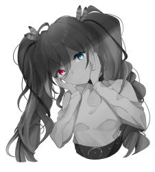 1girl absurdres ahoge blue_eyes closed_mouth clothing_cutout cropped_torso crying crying_with_eyes_open feather_hair_ornament feathers greyscale hair_between_eyes hair_ornament hands_on_own_cheeks hands_on_own_face head_tilt heterochromia highres hito_(maruhito_) hololive hololive_english long_hair looking_at_viewer monochrome nanashi_mumei red_eyes shirt shoulder_cutout simple_background solo spot_color tears twintails virtual_youtuber white_background