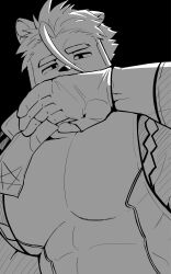 Rule 34 | 1boy, animal ears, bara, bodysuit, cat boy, cat ears, covering own mouth, empty eyes, from below, glaring, gloves, greyscale, hair between eyes, hair strand, hand over own mouth, highres, kansuke (kansuke 717), large pectorals, live a hero, long sideburns, looking at viewer, male focus, mature male, monochrome, muscular, muscular male, pectorals, short hair, sideburns, solo, thick eyebrows, tsuneaki (live a hero), upper body