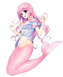 Rule 34 | 1girl, bikini, bikini top only, breasts, clenched hands, fins, fish tail, full body, fumio (ura fmo), hairband, hatsuru koto naki mirai yori, highres, jewelry, long hair, medium breasts, meltyna, mermaid, monster girl, navel, necklace, official art, open mouth, pink eyes, pink hair, simple background, solo, swimsuit, tail, white background