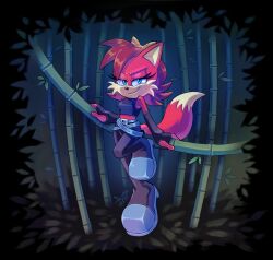 Rule 34 | 1girl, angiethecat, animal ears, bamboo, bamboo forest, belt, black footwear, black gloves, black pants, black shirt, blue eyes, boots, brown hair, crop top, elbow gloves, fingerless gloves, fiona fox, forest, fox ears, fox tail, full body, furry, furry female, gloves, grey belt, highres, light smile, looking at viewer, medium hair, multiple belts, nature, pants, shirt, silver footwear, sleeveless, solo, sonic (series), tail, two-tone footwear