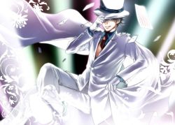 Rule 34 | 1boy, blue eyes, blue shirt, brown hair, card, crelica, floating card, formal, gloves, hat, hat over one eye, heart (card), kaitou kid, kuroba kaito, magic kaito, male focus, md5 mismatch, meitantei conan, monocle, monocle chain, necktie, pants, red necktie, shirt, shoes, solo, suit, top hat, white footwear, white gloves, white hat, white pants, white suit
