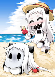 Rule 34 | (o) (o), 10s, 2girls, ^ ^, abyssal ship, beach, blush, closed eyes, commentary request, contemporary, covered mouth, crab, day, dress, closed eyes, hat, horns, kantai collection, long hair, mittens, moomin, multiple girls, muppo, northern ocean princess, nose blush, ocean, outdoors, sand, sleeveless, sleeveless dress, sun hat, water, white hair, yamato nadeshiko