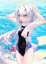 Rule 34 | 1girl, black one-piece swimsuit, blush, breasts, competition swimsuit, fate/grand order, fate (series), hair tie in mouth, hands up, highres, long hair, looking at viewer, melusine (fate), mouth hold, octopus, one-piece swimsuit, ponytail, pool, poolside, sidelocks, small breasts, solo, swimsuit, thighs, tutuuraura88, tying hair, wet, white hair, yellow eyes