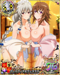 Rule 34 | 2girls, ahoge, black panties, blue bow, blush, bow, braid, breast press, breasts, brown hair, card (medium), chess piece, female focus, grayfia lucifuge, grey hair, hair bow, holding hands, high school dxd, japanese clothes, kimono, large breasts, long hair, looking at viewer, maid headdress, mature female, multiple girls, official art, panties, purple eyes, queen (chess), red eyes, sideboob, smile, symmetrical docking, topless, torn clothes, trait connection, twin braids, underwear, venelana gremory