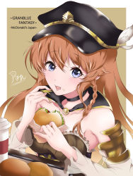 Rule 34 | 1girl, black hat, blue eyes, braid, brown hair, brown nails, burger, choker, collarbone, copyright name, detached sleeves, eating, feathers, floating hair, food, granblue fantasy, hair between eyes, hat, hat feather, highres, lecia (granblue fantasy), long hair, looking at viewer, nail polish, open mouth, pon (syugaminp), signature, solo, upper body, white feathers, white sleeves