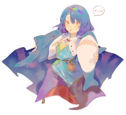 Rule 34 | 1girl, absurdres, blue eyes, blue hair, blush, cloak, commission, dress, hair between eyes, hairband, highres, holding, holding stuffed toy, ikea shark, multicolored clothes, multicolored dress, multicolored hairband, open mouth, patchwork clothes, pfallen, pixiv commission, rainbow gradient, short hair, simple background, sky print, solo, spoken blush, stuffed animal, stuffed shark, stuffed toy, tenkyuu chimata, touhou, white background, white cloak