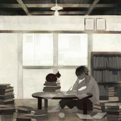 Rule 34 | 1boy, animal, barefoot, black pants, book, book stack, bookshelf, brown hair, cat, from side, hand on own face, highres, holding, holding pencil, indoors, light bulb, long sleeves, male focus, original, pants, paper, pencil, shirt, short hair, sitting, on floor, solo, table, tono (rt0no), white shirt, window, writing
