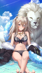 Rule 34 | 1girl, absurdres, ahoge, animal ears, barefoot, bikini, black bikini, black jacket, blush, breasts, chakuma (yiyh1468), cleavage, closed mouth, cloud, commentary request, contrail, cumulonimbus cloud, day, earrings, film grain, front-tie bikini top, front-tie top, fur-trimmed jacket, fur trim, grey eyes, hair between eyes, highres, hololive, innertube, jacket, jewelry, large breasts, lion, lion ears, lion girl, lion tail, long hair, looking at viewer, navel, necklace, o-ring, o-ring bottom, outdoors, partially submerged, shishiro botan, smile, solo, striped bikini, striped clothes, swim ring, swimsuit, tail, toes, virtual youtuber