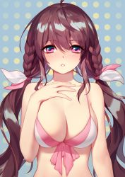 Rule 34 | 1girl, absurdres, ahoge, bikini, braid, breasts, cleavage, hair ribbon, hand on own chest, highres, large breasts, long hair, looking at viewer, low twintails, parted lips, pink eyes, purple hair, rekaerb maerd, ribbon, romantic saga of beauty &amp; devil, sidelocks, simple background, solo, swimsuit, twin braids, twintails, upper body