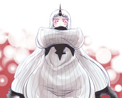 Rule 34 | 10s, 1girl, abyssal ship, breasts, detached sleeves, dress, covered erect nipples, from below, glowing, glowing eyes, heart, heart-shaped pupils, horns, huge breasts, kaito (wumiwatari), kantai collection, long hair, looking at viewer, pale skin, red eyes, ribbed dress, seaport princess, single horn, solo, symbol-shaped pupils, white hair