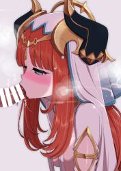 Rule 34 | 1girl, bar censor, blush, breath, censored, fake horns, fellatio, genshin impact, green eyes, hanauna, headdress, heart, heart-shaped pupils, horns, long hair, looking at penis, nilou (genshin impact), oral, penis, red hair, simple background, solo, sound effects, sweat, symbol-shaped pupils, veil, white background