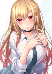 Rule 34 | 1girl, absurdres, black choker, blonde hair, blue skirt, blush, bracelet, breasts, brown hair, choker, collarbone, collared shirt, commentary request, ear piercing, earrings, gradient hair, grey background, grin, hair between eyes, hands up, highres, jewelry, kitagawa marin, long hair, long sleeves, looking at viewer, medium breasts, multicolored hair, nail polish, pearl bracelet, piercing, pink nails, pleated skirt, red eyes, revision, school uniform, shirt, skirt, smile, solo, sono bisque doll wa koi wo suru, two-tone background, very long hair, wakagi repa, white background, white shirt
