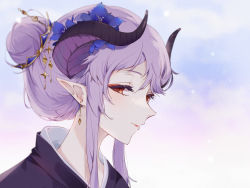 Rule 34 | 1girl, alternate hairstyle, black kimono, close-up, dragon girl, dragon horns, earrings, flower, hair bun, hair flower, hair ornament, highres, homare (princess connect!), horns, japanese clothes, jewelry, kimono, looking at viewer, pointy ears, princess connect!, purple hair, qianlilingjiang, red eyes, red lips, solo