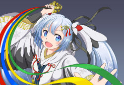 Rule 34 | 1girl, arm up, beamed eighth notes, bell, blue eyes, blue hair, blush, commentary request, derivative work, djakarta, eighth note, fortissimo, hair ornament, hairclip, hatsune miku, holding, holding instrument, instrument, japanese clothes, jingle bell, kagura suzu, kanzaki hiro (style), kimono, light blue hair, looking at viewer, musical note, musical note hair ornament, musical note print, open mouth, outstretched arm, quarter note, ribbon, smile, snowflake print, solo, twintails, upper body, vocaloid, white kimono, wide sleeves, yuki miku, yuki miku (2018)