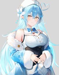Rule 34 | 1girl, absurdres, ahoge, bare shoulders, blue bow, blue bowtie, blue coat, blue hair, blush, bow, bowtie, breasts, brooch, cleavage, closed mouth, coat, corset, crossed bangs, detached collar, flower, fur coat, fur trim, grey background, hair flower, hair ornament, hao (mwhy4538), hat, heart, heart ahoge, highres, hololive, jewelry, large breasts, light blue hair, long hair, looking at viewer, off shoulder, pointy ears, shirt, simple background, snowflake print, solo, upper body, virtual youtuber, white flower, white hat, white shirt, yukihana lamy