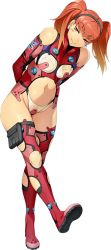 Rule 34 | arms behind back, bertha bernstein, blush stickers, boots, earrings, gradient hair, hairband, head tilt, jewelry, knee cutout, long hair, looking at viewer, multicolored hair, navel, official art, orange hair, red eyes, red hair, red thighhighs, smile, solo, super robot wars, super robot wars x-omega, thigh boots, thighhighs, transparent background, twintails, watanabe wataru (character designer)
