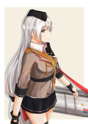 Rule 34 | 1girl, absurdres, belt, black gloves, black skirt, breasts, brown background, brown jacket, girls&#039; frontline, gloves, grey eyes, grey hair, hair ornament, hairclip, hat, highres, huge filesize, jacket, long hair, looking at viewer, military, military hat, military uniform, muteppona hito, profile, shirt, skirt, smile, solo, svd (girls&#039; frontline), tape, uniform, weapon case, white hair, white shirt