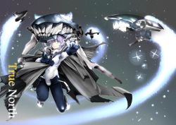 Rule 34 | 10s, 1girl, abyssal ship, blue eyes, bodysuit, cape, contrail, covered navel, enemy aircraft (kancolle), gloves, glowing, glowing eyes, hat, highres, kantai collection, kurihara kenshirou, long hair, looking at viewer, outstretched arm, pale skin, purple hair, sairasu, silver hair, sky, smile, solo focus, star (sky), starry sky, turret, wo-class aircraft carrier