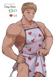 Rule 34 | 1boy, 69 (meme), absurdres, alternate costume, apron, apron lift, bara, blonde hair, clothes lift, collarbone, cowboy shot, dungeon meshi, heart, heart print, highres, laios touden, looking down, male focus, meme, naked apron, nipple slip, nipples, pectorals, penis, penis peek, raised eyebrows, short hair, sidepec, snowsalmon0x0, solo, thick eyebrows, toned, toned male, twitter strip game (meme)