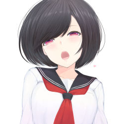 Rule 34 | 1girl, absurdres, black hair, black sailor collar, blush, breasts, collarbone, commentary request, half-closed eyes, head tilt, heart, highres, looking at viewer, medium breasts, open mouth, original, red eyes, red neckwear, sailor collar, school uniform, serafuku, shirt, short hair, simple background, solo, swept bangs, temari rin, upper body, white background, white shirt