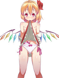 Rule 34 | 1girl, ahoge, blonde hair, blush, bow, bow panties, box, breasts, candy, chocolate, chocolate heart, clothes in mouth, clothes lift, clothes pull, dress, dress in mouth, dress lift, dress pull, flandre scarlet, flat chest, food, gift, gift box, hair bow, heart, heart-shaped pupils, in panties, looking at viewer, mouth hold, nipples, object in clothes, object in panties, panties, red dress, red eyes, short hair, side-tie panties, side ponytail, small breasts, solo, sushoyushi, sweat, symbol-shaped pupils, topless, touhou, underwear, valentine, white background, white panties, wings