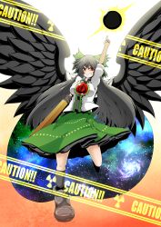 Rule 34 | 1girl, arm cannon, bad id, bad pixiv id, black hair, bow, cape, caution, doseisan (dosei-san), female focus, hair bow, highres, large wings, long hair, radiation symbol, red eyes, reiuji utsuho, solo, touhou, weapon, wings