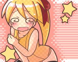 Rule 34 | 1girl, @ @, bent over, blonde hair, blush, child, creatures (company), crying, embarrassed, flat chest, game freak, nintendo, pokemon, pokemon adventures, ponytail, ribbon, solo, star (symbol), swimsuit, tears, thighhighs, yellow (pokemon)