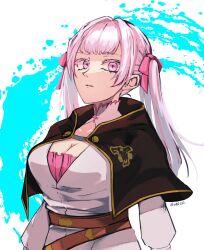 Rule 34 | 1girl, artist name, belt, black bulls (emblem), black capelet, black clover, capelet, cleavage cutout, clothing cutout, dress, grey hair, hair ribbon, highres, jacket, long hair, looking at viewer, noelle silva, parted lips, pink dress, pink eyes, pink ribbon, ribbon, solo, sumuna sunaco, twintails, white background, white jacket