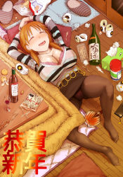 Rule 34 | 10s, 1girl, 3e, alcohol, bag, beer can, belt, bottle, breasts, brown pantyhose, can, cellphone, chips (food), cleavage, closed eyes, clothes lift, crotch seam, cup, drink can, drinking glass, drunk, feet, food, fruit, glass, huge breasts, idolmaster, idolmaster cinderella girls, katagiri sanae, kotatsu, lying, mandarin orange, messy room, miniskirt, new year, no shoes, on back, open mouth, orange hair, panties, panties under pantyhose, pantyhose, phone, potato chips, sake bottle, skirt, skirt lift, slippers, smartphone, solo, table, thighband pantyhose, tissue box, twintails, underwear, used tissue, wine, wine bottle, wine glass