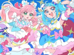 Rule 34 | 2girls, ahoge, ascot, blue eyes, blue hair, bow, cape, commentary request, cure prism, cure sky, dress, green eyes, highres, hirogaru sky! precure, holding hands, long hair, magical girl, multiple girls, neri (um mijinko), nijigaoka mashiro, open mouth, pink bow, pink hair, precure, single sidelock, smile, sora harewataru, twintails, white bow, white dress, wing hair ornament