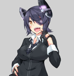 Rule 34 | 10s, 1girl, breasts, checkered clothes, checkered necktie, checkered neckwear, covered erect nipples, eyepatch, fang, fingerless gloves, gloves, hand on own hip, headgear, kantai collection, large breasts, looking at viewer, mouth pull, necktie, open mouth, plus9, purple hair, short hair, solo, tenryuu (kancolle), tongue, tongue out, yellow eyes