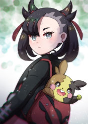 Rule 34 | 1girl, asymmetrical bangs, backpack, bag, black hair, black jacket, blurry, blush, closed mouth, commentary request, creatures (company), earrings, eyelashes, game freak, gen 8 pokemon, hair ribbon, he72oh, highres, in bag, in container, jacket, jewelry, marnie (pokemon), morpeko, morpeko (full), nintendo, pokemon, pokemon (creature), pokemon swsh, red bag, red ribbon, ribbon, twintails